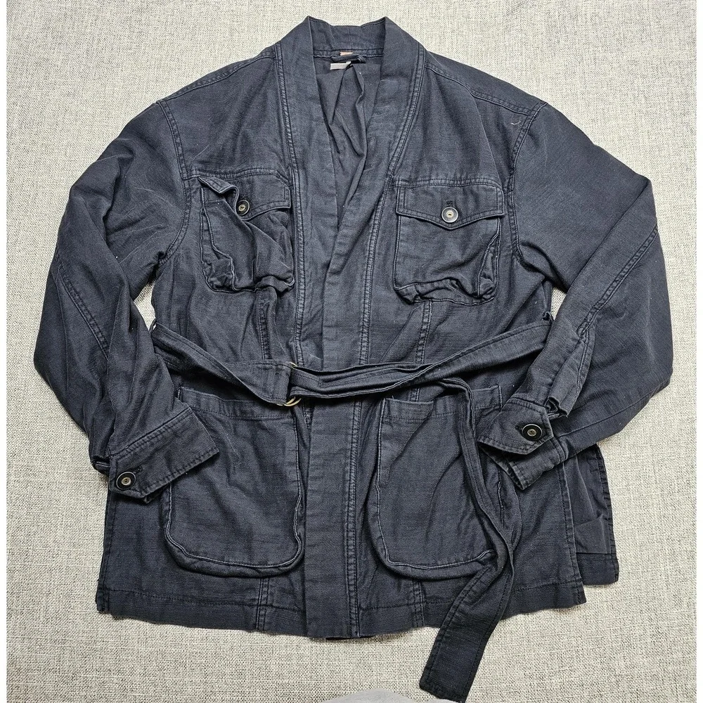 Free People Jacket Womens Small Black Belted Utility Safari Pockets Open Front